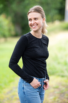 Portrait of beautiful smiling blonde young woman 