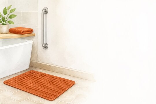 Accessible bathroom with grab bar and non slip bath mat