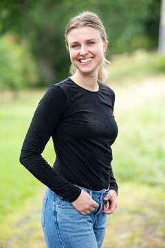 Portrait of beautiful smiling blonde young woman 