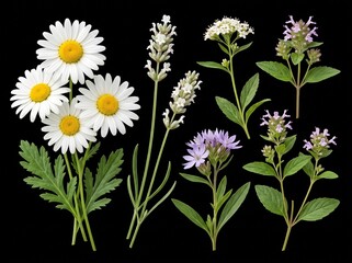 Fototapeta premium Botanical arrangement of a daisy, purple lavender, white blossoms, fern leaves, and red berries on black background.