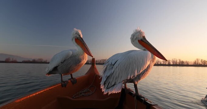 Dalmatian pelican flying in a beatiful light in slow motion.