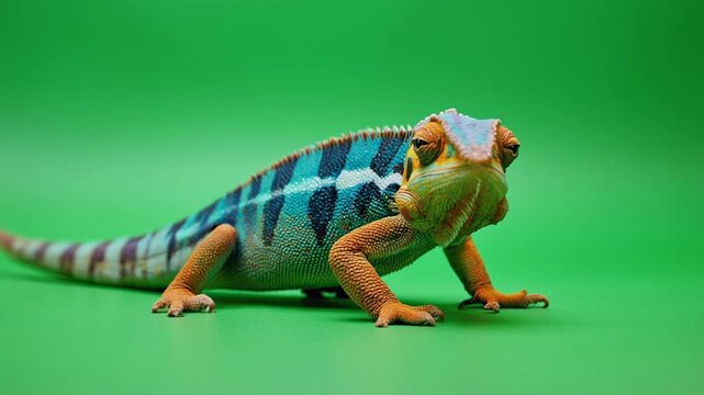 Chameleon changing colors on a vibrant green background slow motion macro detail concept of adaptation