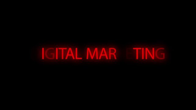 Digital marketing phrase is displayed in glowing red neon typography on a dark background.