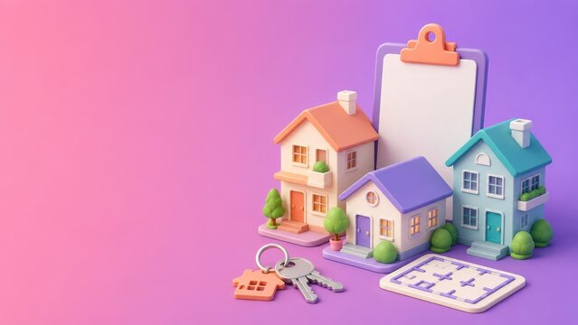Real estate concept scene featuring three colorful model houses, a clipboard with document, floor plan and house keys on a pink-purple gradient background symbolizing homeownership