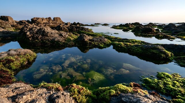 Calm tide pools nestled among moss covered rocks under soft morning light  reflecting sky and sea in tranquil coastal waters