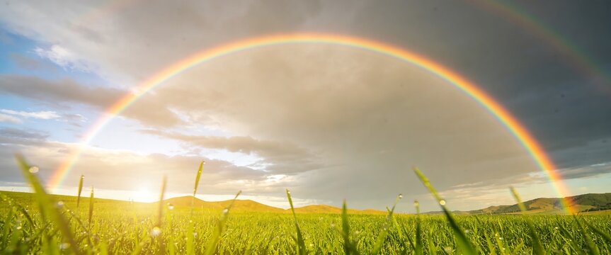 Vibrant double rainbow arching over a lush green meadow at sunset