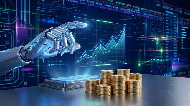 Robot hand touching a holographic financial chart with stacks of gold coins on a digital background
