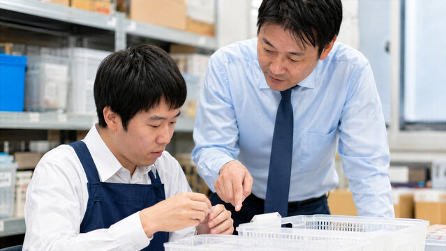 倉庫作業で指導を受ける若手社員の就労支援シーン