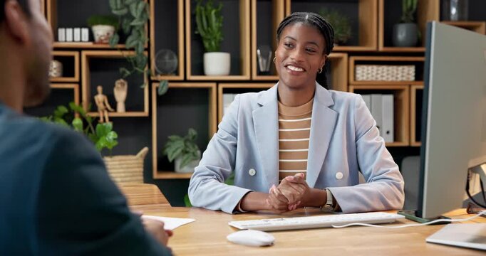 Handshake, woman and thank you in office for interview, recruitment and human resources agreement. Happy people, shaking hands and hiring with job offer, opportunity and laugh for onboarding process