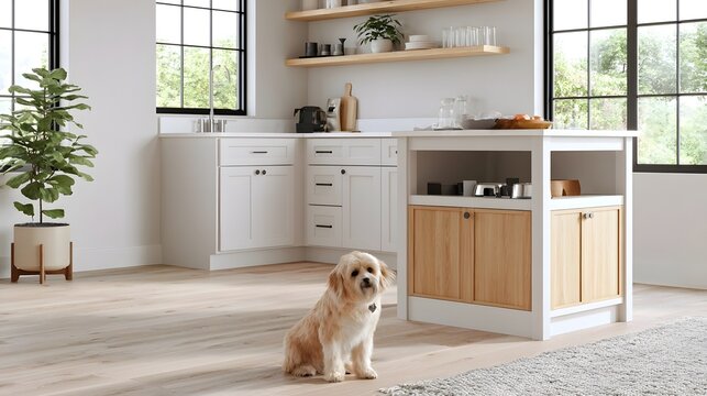 A small fluffy dog sits on light wood flooring near a modern kitchen island with white cabinets and wooden accents
