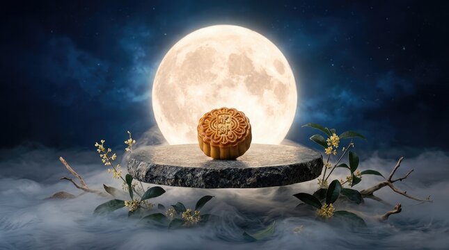 Celebrating the mid autumn festival a radiant full moon illuminates a traditional mooncake symbolizing family reunion and harvest abundance in chinese culture