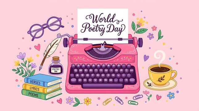 World Poetry Day flat lay vector illustration with a pink typewriter, books, glasses, coffee cup, and flowers