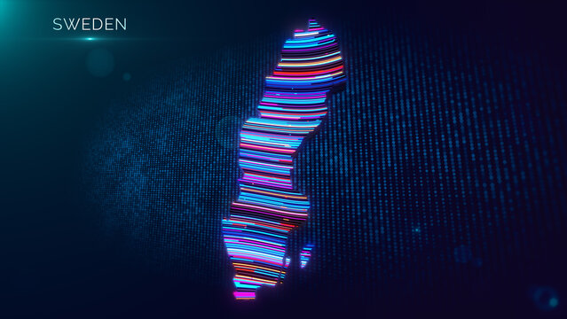 Vibrant 3D Sweden silhouette displays layered neon waves and luminous colors against a futuristic particle grid, with the Sweden label positioned clearly for a modern digital presentation.