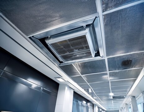 closeup of an air duct system with ceiling vent in corridor of a modern building