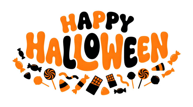 Happy halloween text surrounded by assortment of sweet candy and treats illustration.