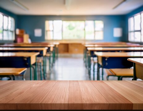 wooden top with blurred empty classroom background can be used for mocking up or display product to make advertising