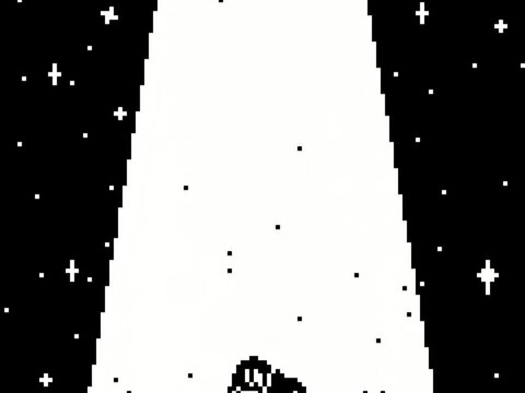 Pixel art animation of a cute cat abducted by a UFO tractor beam in space with glowing stars background