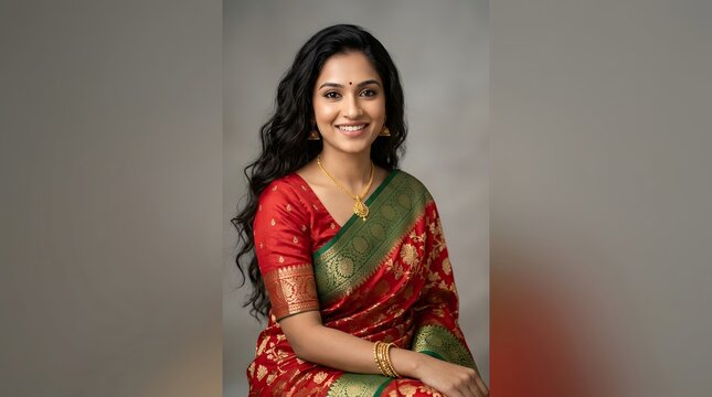 Portrait of a beautiful young indian woman in a traditional red and green silk saree