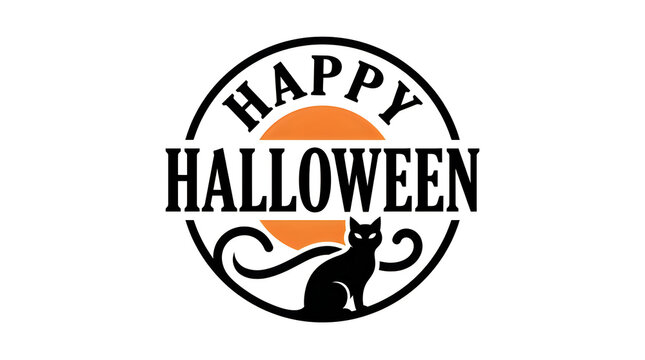 Halloween festive circular badge with black cat and glowing orange pumpkin design.