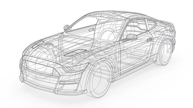 Detailed automobile blueprint wireframe schematic on white background
