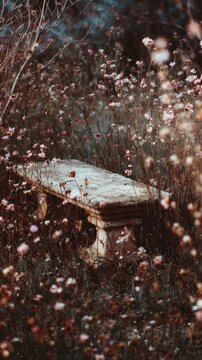 Weathered stone bench nestled amidst wildflowers.