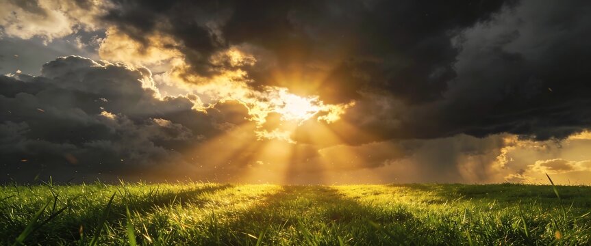 Sunbeams breaking through dramatic storm clouds over a vibrant green meadow at sunset