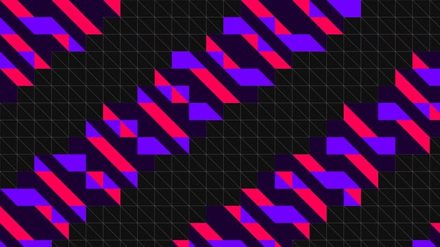 Abstract animation of vibrant purple and magenta geometric fragments moving along diagonal lines on a black background.