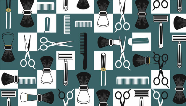 Graphic seamless pattern of vintage barber shop tools including scissors, combs, shaving brushes, and razors.