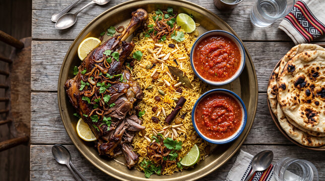 a traditional Middle Eastern spread featuring a large platter of Mutton (Lamb) Mandi&mdash;tender slow-cooked meat served over fragrant, spiced basmati rice garnished with fried onions, nuts, and fresh herb