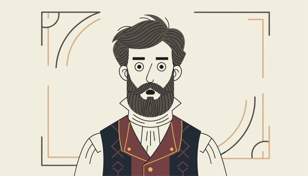 Retro flat illustration of a bearded man with a shocked expression wearing a vintage vest against a cream background.