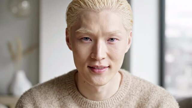 Portrait of a young albino man wearing a cozy knitted beige sweater looking directly at camera indoors in modern living room setting