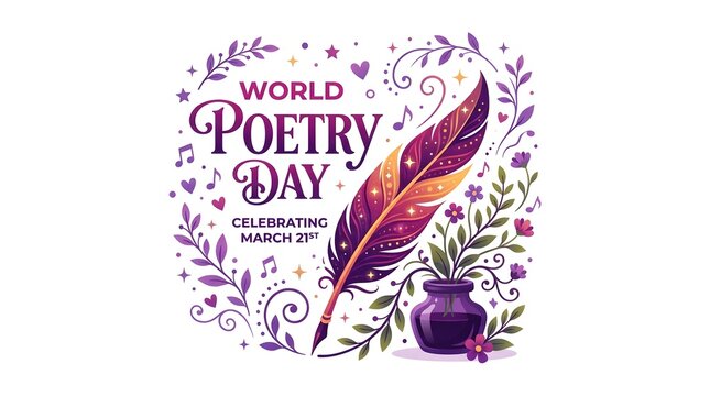 Elegant vector illustration for World Poetry Day with stylized quill feather inkwell and floral decorative elements on white background
