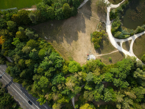 Aerial view of Swiss city of Z&uuml;rich with Irchel public park on a summer morning. Photo taken August 15th, 2026, Zurich, Switzerland.