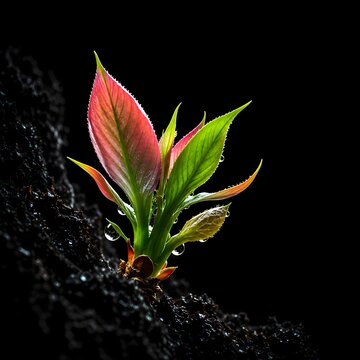 Extreme Macro of a Vibrant Pink and Green Sprout with Sparkling Water Droplets Against a Solid Black Background for Growth and Hope Concept