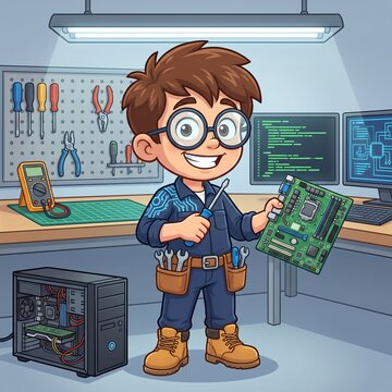 Cute Cartoon Boy Engineer Holding a Screwdriver and Motherboard in a Computer Repair Workshop