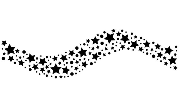 Black star wave trail vector, decorative stardust border with celestial shapes, elegant starry path for festive greeting cards and web design