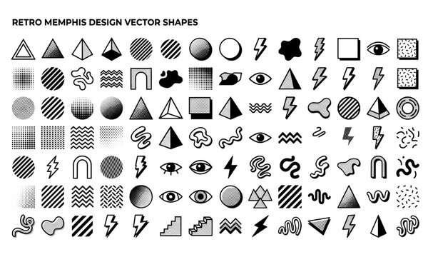 Retro Memphis design vector shapes, black and white geometric elements set, 90s style abstract icons for graphic branding and patterns