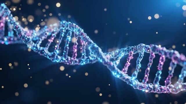  DNA double helix strands glow in blue and pink against a dark backdrop; macro science image highlighting genetics, molecular biology, and research in a modern, high-tech style.

