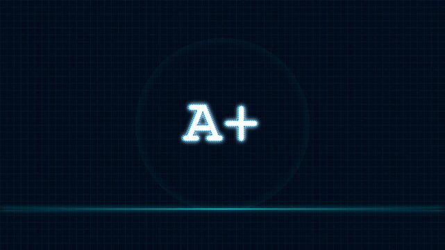 A futuristic digital display shows a glowing 'A+' grade within a circle. Subtle glitch effects and horizontal scanlines shift across a dark blue grid background, suggesting tech or data.