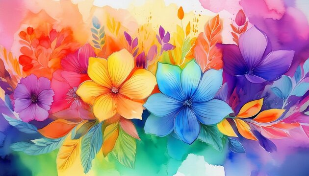 vibrant watercolor flowers with rainbow gradient harmonious design abstract blooming floral botanical background