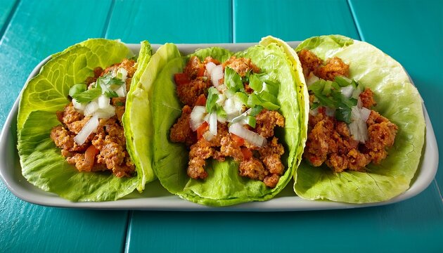 vibrant turkey lettuce tacos with seasoned ground turkey nestled on crisp bright green iceberg lettuce strips