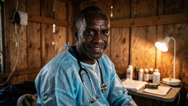 African doctor in temporary rural mobile clinic