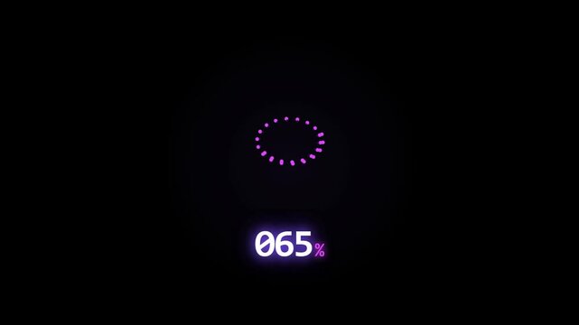 A purple circular loading animation progress bar against a black background, displaying a numeric percentage counter increasing from 16% to 93% in a futuristic HUD style.