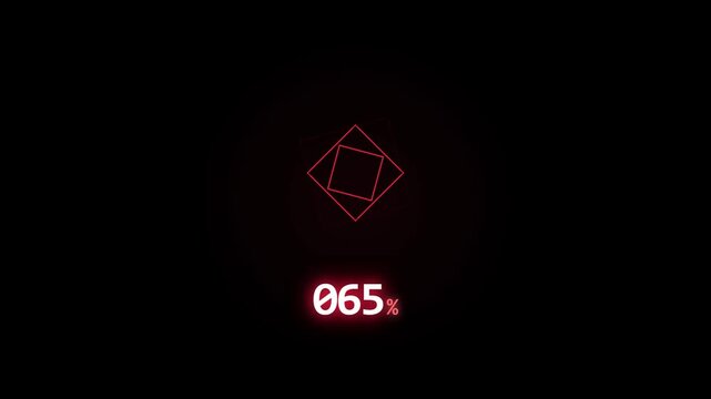 Futuristic red loading animation with rotating wireframe squares and an increasing percentage counter on a black background, simulating a tech data processing interface.