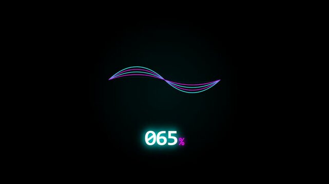 A futuristic digital loading screen on a black background features oscillating neon cyan and magenta waves above a rapidly increasing percentage counter, depicting a high-tech progress indicator.