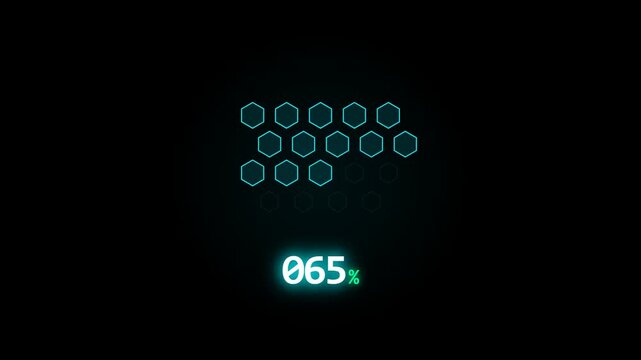 A futuristic HUD progress bar features hexagonal indicators and a percentage counter that steadily increases from 16% to 93% against a dark background.