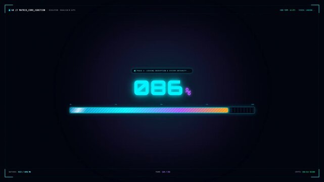 A glowing futuristic progress bar advances from 20 to 100 percent. The iridescent HUD interface displays digital data against a dark background, indicating a system update or file download.