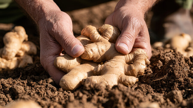 Farmer hands holding freshly harvested ginger roots in rich agricultural soil