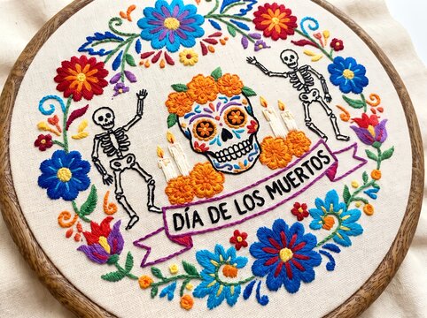 Day of the Dead Dia de los Muertos Embroidery Tapestry with La Catrina