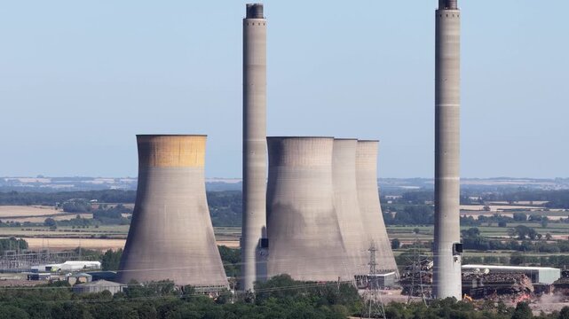 Power station chimney demolition and controlled explosion
